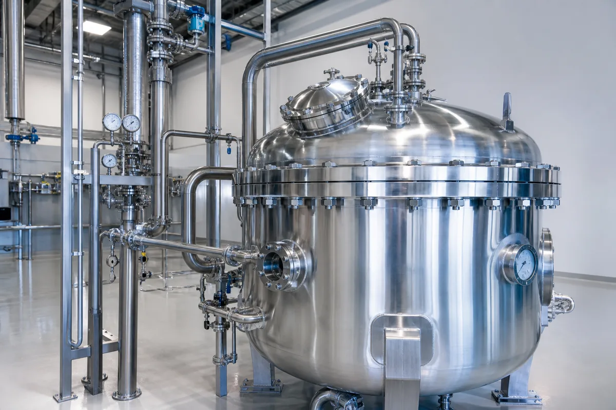 Cuve d&rsquo;extraction en inox et tuyauteries dans un atelier industriel
