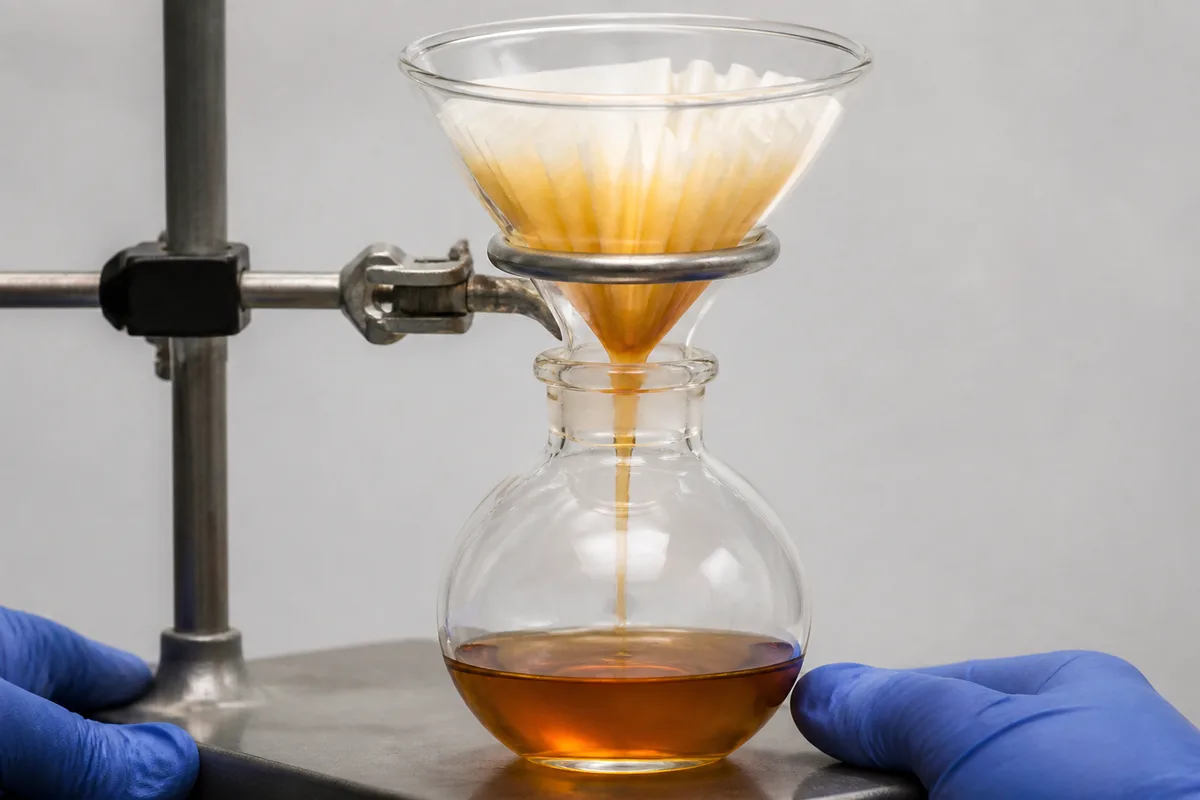 Extrait ambré filtré au laboratoire, ballon en verre et filtre papier