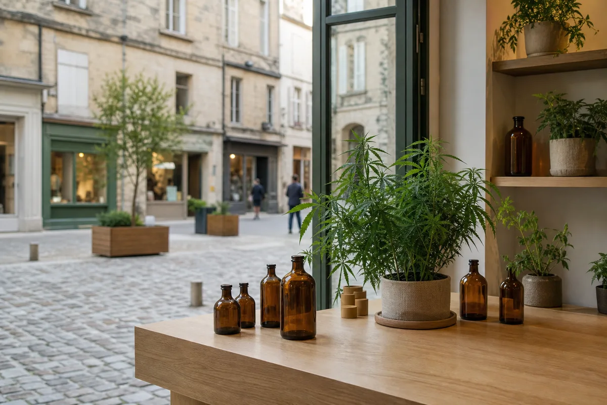 Place pavée d’une ville de l’ouest de la France avec commerces en rez-de-chaussée