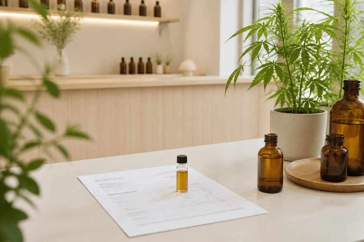 Fiche d’analyse de laboratoire et flacon posés sur une table lumineuse