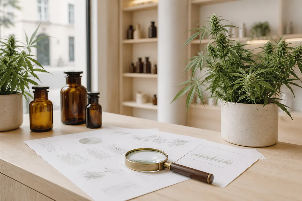 Documents d&rsquo;analyse et loupe posés sur un comptoir en bois clair
