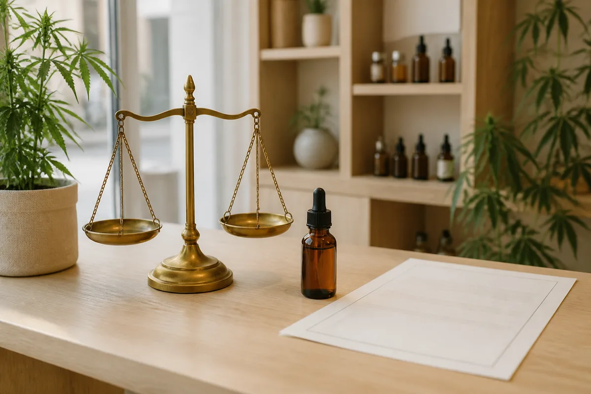 Balance de justice posée près d&rsquo;un flacon d&rsquo;huile ambré et d&rsquo;un document officiel