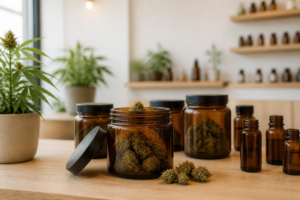 Bocaux en verre ambré contenant des sommités de chanvre sur un comptoir en bois