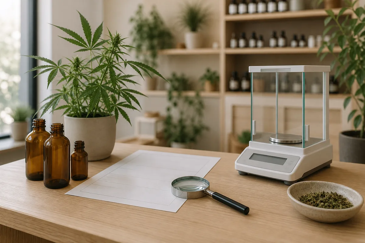 Certificat d&rsquo;analyse de laboratoire posé à côté d&rsquo;une loupe et d&rsquo;une balance de précision