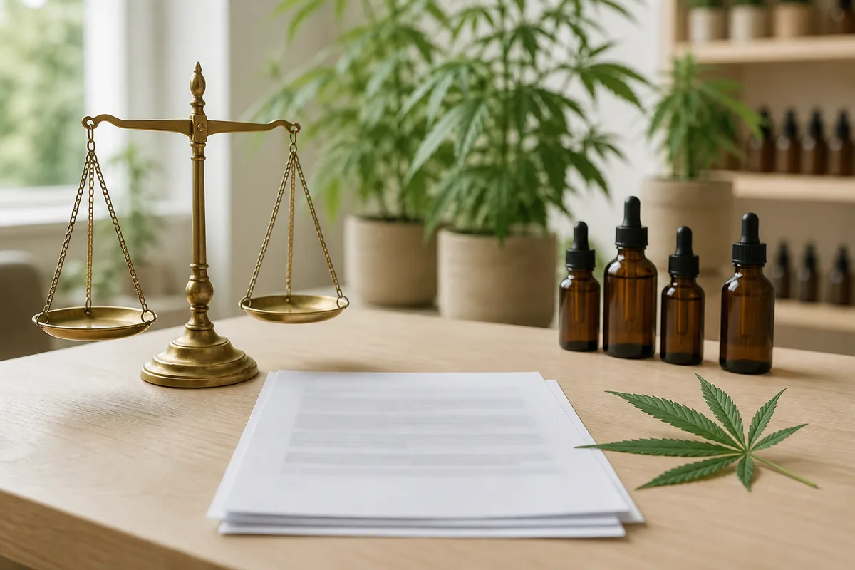 Balance de justice et texte réglementaire posés près d&rsquo;une feuille de chanvre