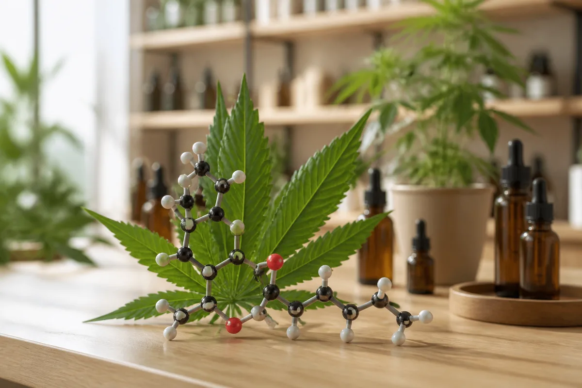 Représentation stylisée de la molécule de cannabidiol devant une feuille de chanvre