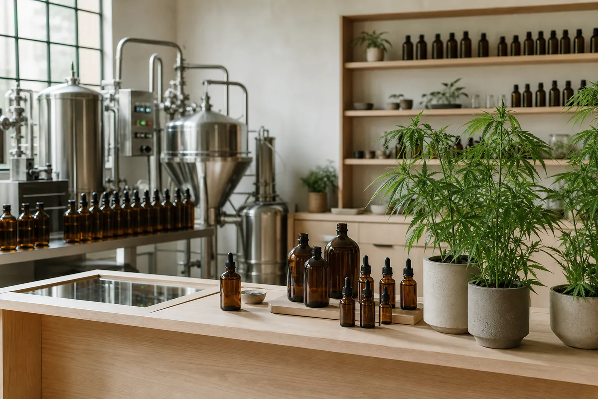 Atelier d&rsquo;extraction avec cuves en acier et flacons ambrés alignés